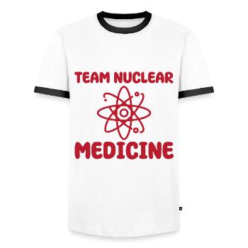 Team Nuclear Medicine Technologist - Men's Ringer Shirt - white/black - Front - AI Model Female 172 light (172cm) & AI Model Male 178 dark (178cm)