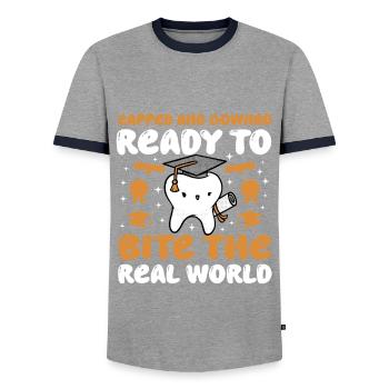 Étudiant en médecine dentaire - T-shirt contrasté Homme - gris/marine  - Devant - AI Model Female 172 light (172cm) & AI Model Male 178 light (178cm)