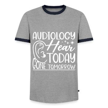 Audiology Pun - Men's Ringer Shirt - grey/navy  - Front - AI Model Female 172 light (172cm) & AI Model Male 178 light (178cm)