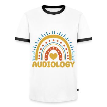 Audiology Gift - Men's Ringer Shirt - white/black - Front - AI Model Female 172 light (172cm) & AI Model Male 178 dark (178cm)