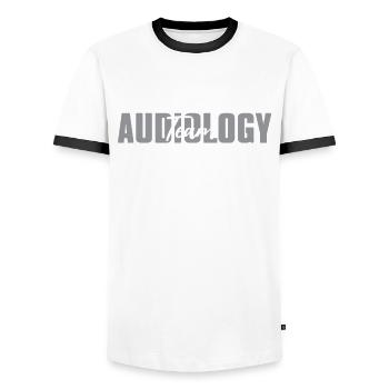 Team Audiology Shirt - Men's Ringer Shirt - white/black - Front - AI Model Female 172 light (172cm) & AI Model Male 178 dark (178cm)