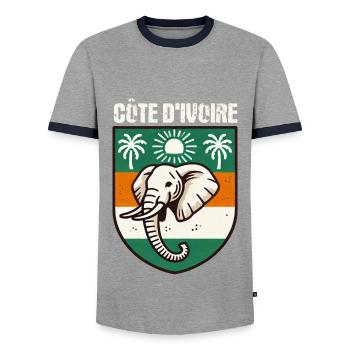 Map with the flag of the Ivory Coast, - Men's Ringer Shirt - grey/navy  - Front - AI Model Female 172 light (172cm) & AI Model Male 178 light (178cm)