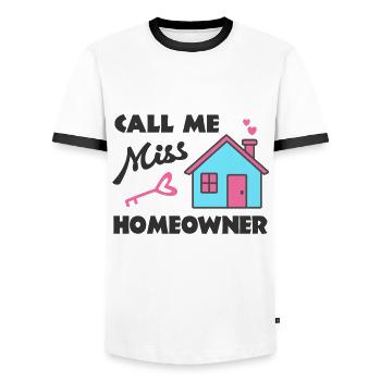 Emménagement Fest Appelez-moi Mme Propriétaire - T-shirt contrasté Homme - blanc/noir - Devant - AI Model Female 172 light (172cm) & AI Model Male 178 dark (178cm)