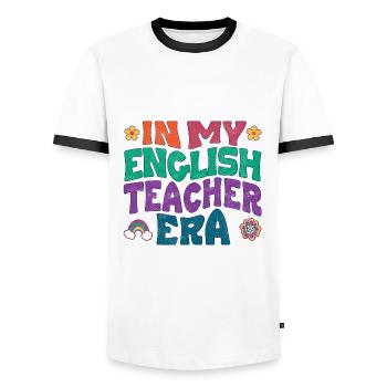 In my English teacher era - Men's Ringer Shirt - white/black - Front - AI Model Female 172 light (172cm) & AI Model Male 178 dark (178cm)