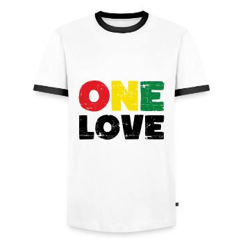 One Love Reggae Musique - T-shirt contrasté Homme - blanc/noir - Devant - AI Model Female 172 light (172cm) & AI Model Male 178 dark (178cm)