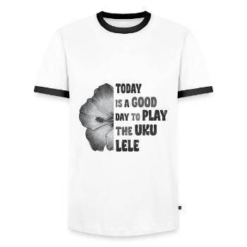 Today is a good day to play the Ukulele Hibiscus - Men's Ringer Shirt - white/black - Front - AI Model Female 172 light (172cm) & AI Model Male 178 dark (178cm)