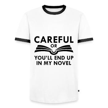 Attention ou tu finiras dans mon roman - T-shirt contrasté Homme - blanc/noir - Devant - AI Model Female 172 light (172cm) & AI Model Male 178 dark (178cm)