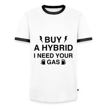 Buy A Hybrid I Need Your Gas - Men's Ringer Shirt - white/black - Front - AI Model Female 172 light (172cm) & AI Model Male 178 dark (178cm)