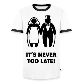 It's Never Too Late! (Älteres Brautpaar, Hochzeit) - Männer Kontrast-T-Shirt - Weiß/Schwarz - Vorne - AI Model Female 172 light (172cm) & AI Model Male 178 dark (178cm)