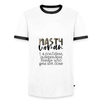 Feminism Nasty Woman Confident Getting Shit Done - Men's Ringer Shirt - white/black - Front - AI Model Female 172 light (172cm) & AI Model Male 178 dark (178cm)