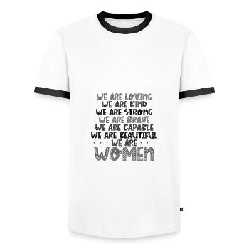 Femmes Aimant Gentil Fort Courageux Capable Beau - T-shirt contrasté Homme - blanc/noir - Devant - AI Model Female 172 light (172cm) & AI Model Male 178 dark (178cm)