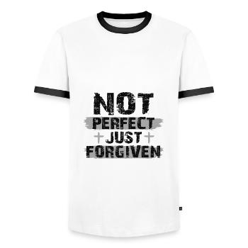 Christianity Gifts Not Perfect Just Foregiven - Men's Ringer Shirt - white/black - Front - AI Model Female 172 light (172cm) & AI Model Male 178 dark (178cm)