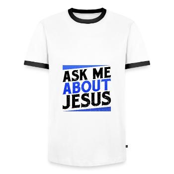 Don chrétien Posez-moi des questions sur Jésus évangélique - T-shirt contrasté Homme - blanc/noir - Devant - AI Model Female 172 light (172cm) & AI Model Male 178 dark (178cm)
