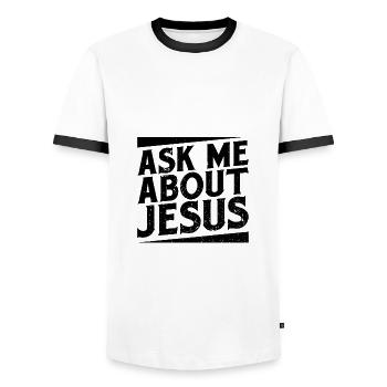 Don chrétien Posez-moi des questions sur Jésus évangélique - T-shirt contrasté Homme - blanc/noir - Devant - AI Model Female 172 light (172cm) & AI Model Male 178 dark (178cm)