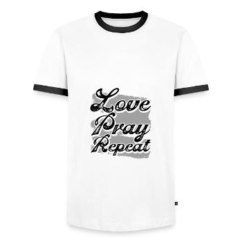 Christianity Gift Love Pray Repeat Christian Gifts - Men's Ringer Shirt - white/black - Front - AI Model Female 172 light (172cm) & AI Model Male 178 dark (178cm)