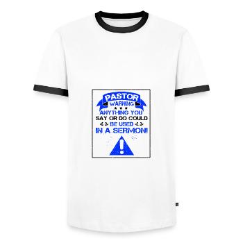 Pastor Gift Anything Said or Done In Sermon - Men's Ringer Shirt - white/black - Front - AI Model Female 172 light (172cm) & AI Model Male 178 dark (178cm)