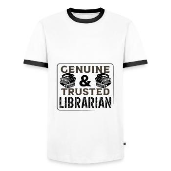 Librarian Gift Idea Genuine and Trusted Librarian - Men's Ringer Shirt - white/black - Front - AI Model Female 172 light (172cm) & AI Model Male 178 dark (178cm)