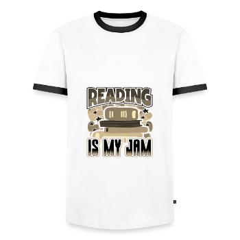Reading is My Jam Fun Book Lover Gifts for - Men's Ringer Shirt - white/black - Front - AI Model Female 172 light (172cm) & AI Model Male 178 dark (178cm)