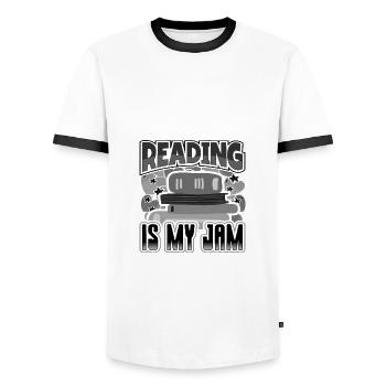 Reading is My Jam Fun Book Lover Gift for - Men's Ringer Shirt - white/black - Front - AI Model Female 172 light (172cm) & AI Model Male 178 dark (178cm)