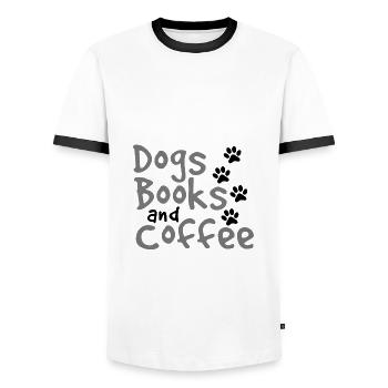 Dogs Books and Coffee Fun Dog Lover Gift Ideas - Men's Ringer Shirt - white/black - Front - AI Model Female 172 light (172cm) & AI Model Male 178 dark (178cm)