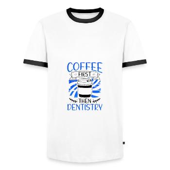 Coffee First Then Dentistry Coffee Drinking - Men's Ringer Shirt - white/black - Front - AI Model Female 172 light (172cm) & AI Model Male 178 dark (178cm)