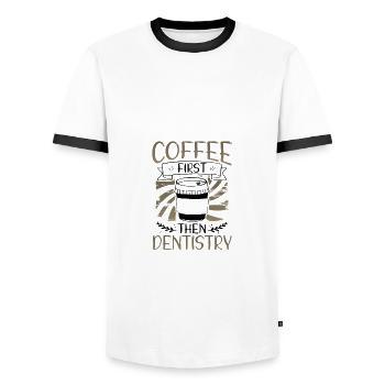 Coffee First Then Dentistry Coffee Drinker Gift - Men's Ringer Shirt - white/black - Front - AI Model Female 172 light (172cm) & AI Model Male 178 dark (178cm)