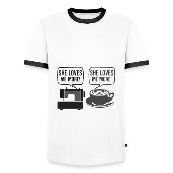 Sewing Humor Gift She Loves Me More Sewing - Men's Ringer Shirt - white/black - Front - AI Model Female 172 light (172cm) & AI Model Male 178 dark (178cm)