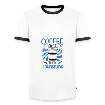 Counselor Gift Coffee Zuerst dann Counseling Gifts - Männer Kontrast-T-Shirt - Weiß/Schwarz - Vorne - AI Model Female 172 light (172cm) & AI Model Male 178 dark (178cm)