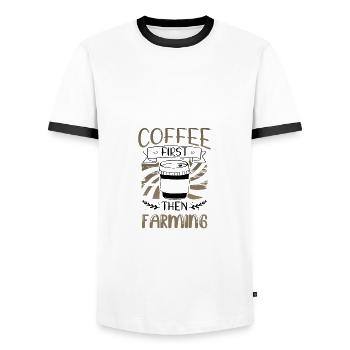 Farmer Gifts Coffee First then Farming Gifts - Men's Ringer Shirt - white/black - Front - AI Model Female 172 light (172cm) & AI Model Male 178 dark (178cm)