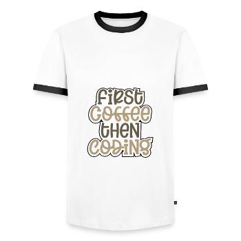 Coder Geschenk zuerst Kaffee dann Codierung Geschenkideen - Männer Kontrast-T-Shirt - Weiß/Schwarz - Vorne - AI Model Female 172 light (172cm) & AI Model Male 178 dark (178cm)