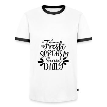 Sarcastic Humor Fresh Sarcasm Served Daily - Men's Ringer Shirt - white/black - Front - AI Model Female 172 light (172cm) & AI Model Male 178 dark (178cm)