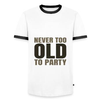 Funny Aging Gifts Never too Old to Party Sarcasm - Men's Ringer Shirt - white/black - Front - AI Model Female 172 light (172cm) & AI Model Male 178 dark (178cm)