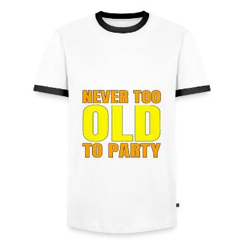 Funny Aging Gift Never too Old to Party Sarcasm - Men's Ringer Shirt - white/black - Front - AI Model Female 172 light (172cm) & AI Model Male 178 dark (178cm)