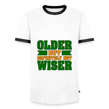 Old Person Humor Older Definitely Not Wiser - Men's Ringer Shirt - white/black - Front - AI Model Female 172 light (172cm) & AI Model Male 178 dark (178cm)