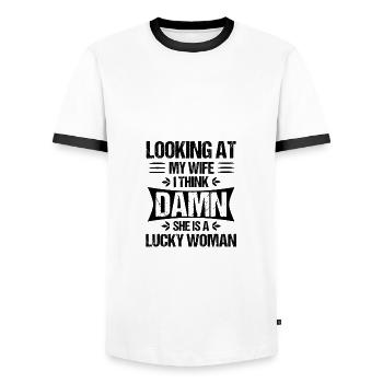 Wenn Sie Ihre Frau verdammt ansehen, ist sie ein glücklicher Ehemann - Männer Kontrast-T-Shirt - Weiß/Schwarz - Vorne - AI Model Female 172 light (172cm) & AI Model Male 178 dark (178cm)