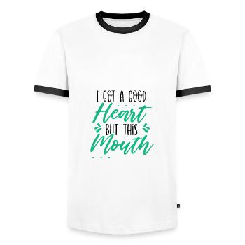 Sarcastique j’ai un bon cœur mais cette bouche - T-shirt contrasté Homme - blanc/noir - Devant - AI Model Female 172 light (172cm) & AI Model Male 178 dark (178cm)