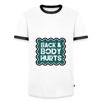 Back and Body Hurts Funny Aging Humor Gift - Men's Ringer Shirt - white/black - Front - AI Model Female 172 light (172cm) & AI Model Male 178 dark (178cm)