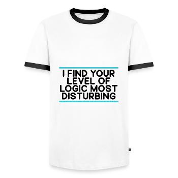 Sarcasm Gift Find Your Level of Logic Disturbing - Men's Ringer Shirt - white/black - Front - AI Model Female 172 light (172cm) & AI Model Male 178 dark (178cm)
