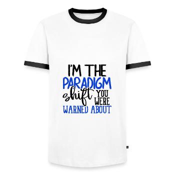 Je suis le changement de paradigme contre lequel vous avez été averti - T-shirt contrasté Homme - blanc/noir - Devant - AI Model Female 172 light (172cm) & AI Model Male 178 dark (178cm)