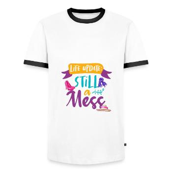 Sarcastic Girl Life Update Still A Mess Feminine - Men's Ringer Shirt - white/black - Front - AI Model Female 172 light (172cm) & AI Model Male 178 dark (178cm)