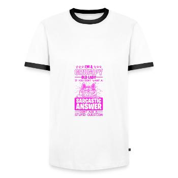 Mürrische alte Dame sarkastische Antwort auf dumm - Männer Kontrast-T-Shirt - Weiß/Schwarz - Vorne - AI Model Female 172 light (172cm) & AI Model Male 178 dark (178cm)