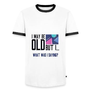 Senior Citizen Gifts May Be Old What Was I Saying - Men's Ringer Shirt - white/black - Front - AI Model Female 172 light (172cm) & AI Model Male 178 dark (178cm)