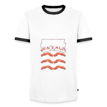 Fitness Humor Check Out My Six Pack Bacon Lover - Men's Ringer Shirt - white/black - Front - AI Model Female 172 light (172cm) & AI Model Male 178 dark (178cm)
