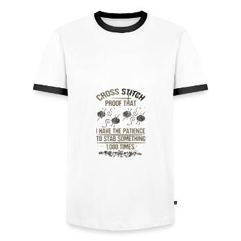 Cross Stitch Patience to Stab Something 1000 - Men's Ringer Shirt - white/black - Front - AI Model Female 172 light (172cm) & AI Model Male 178 dark (178cm)