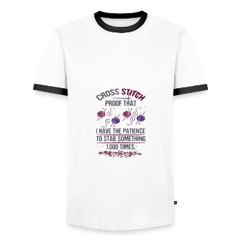 Cross Stitch Have Patience to Stab Something 1000 - Men's Ringer Shirt - white/black - Front - AI Model Female 172 light (172cm) & AI Model Male 178 dark (178cm)