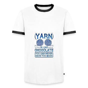 Knitter Gift Yarn Like Chocolate Never Have Too - Men's Ringer Shirt - white/black - Front - AI Model Female 172 light (172cm) & AI Model Male 178 dark (178cm)