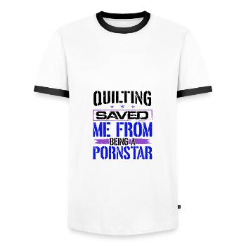 La courtepointe m’a sauvé d’être une courtepointe de pornstar - T-shirt contrasté Homme - blanc/noir - Devant - AI Model Female 172 light (172cm) & AI Model Male 178 dark (178cm)
