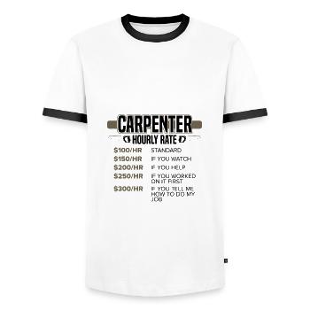 Drôle de charpentier Cadeaux Charpentier Tarif horaire - T-shirt contrasté Homme - blanc/noir - Devant - AI Model Female 172 light (172cm) & AI Model Male 178 dark (178cm)