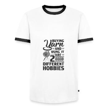 Knitting Humor Buying Yarn and Using it 2 - Men's Ringer Shirt - white/black - Front - AI Model Female 172 light (172cm) & AI Model Male 178 dark (178cm)