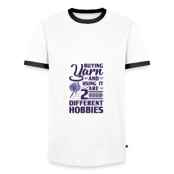 Stricken Humor Garn kaufen und verwenden 2 - Männer Kontrast-T-Shirt - Weiß/Schwarz - Vorne - AI Model Female 172 light (172cm) & AI Model Male 178 dark (178cm)